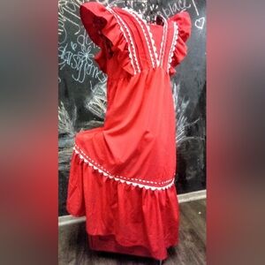 Woman's Red Ruffled Cottagecore Gingerbread Maxi Holiday Dress